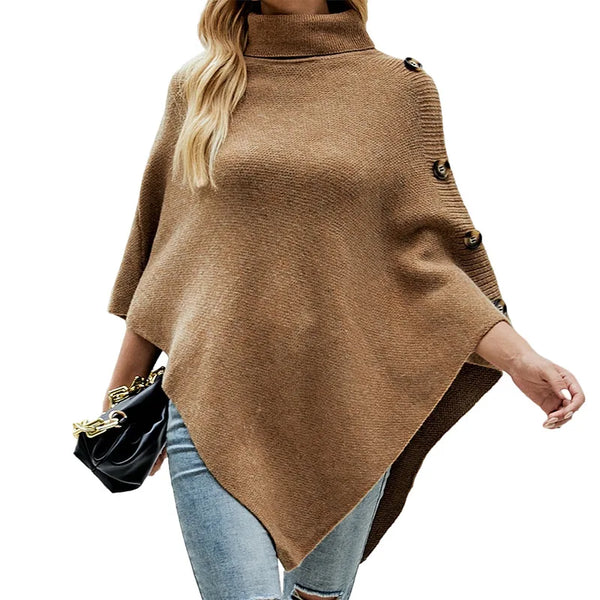 Fashion Autumn Winter Button Poncho Women Sweater Oversized Turtleneck Jumper Knitwear Holiday Vintage Cape  Sleeve Khaki Cloak